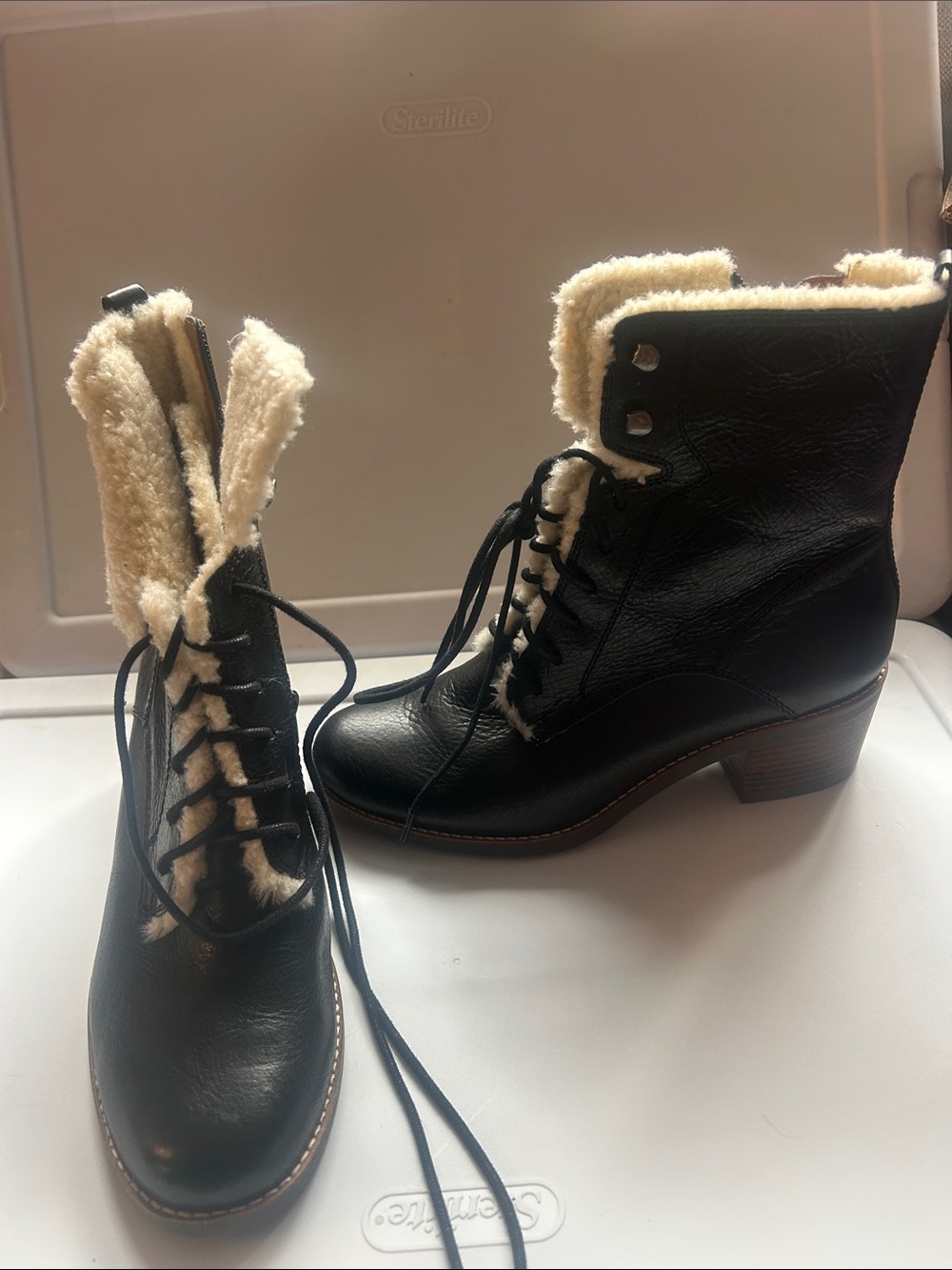 Lucky Brand Black Lace-Up Ankle Boots with Cream Faux-Shearling Trim
